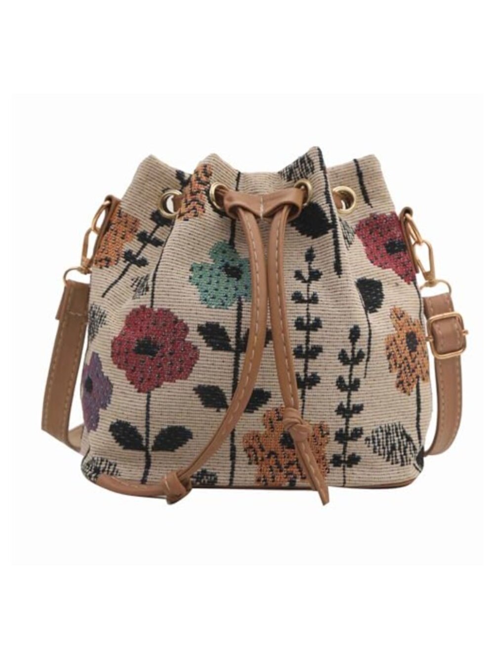 Mini Floral Embroidered Bucket Bag Drawstring Shoulder Purse